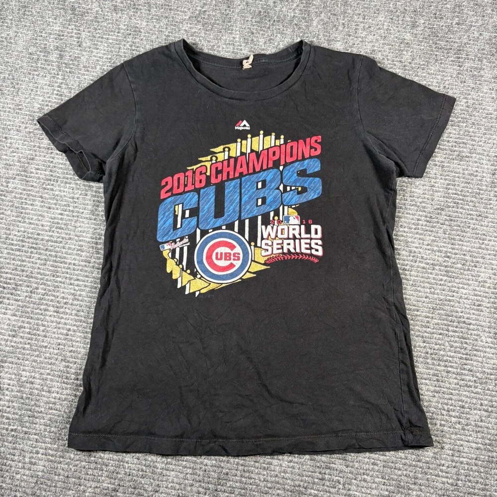 Majestic T-Shirt Womens Medium Black Excellent 2016 World Series Chicago Cubs